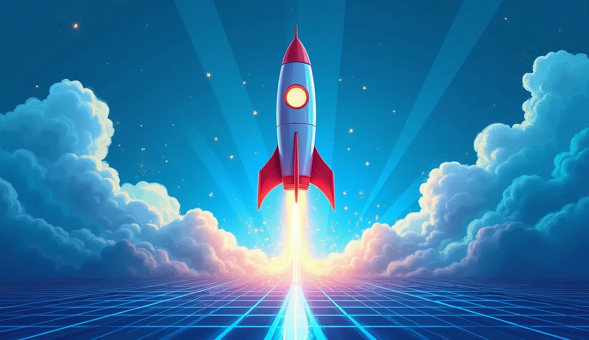 A dynamic illustration of a rocket launching from a blue grid, symbolizing the rise of startups and technological innovation