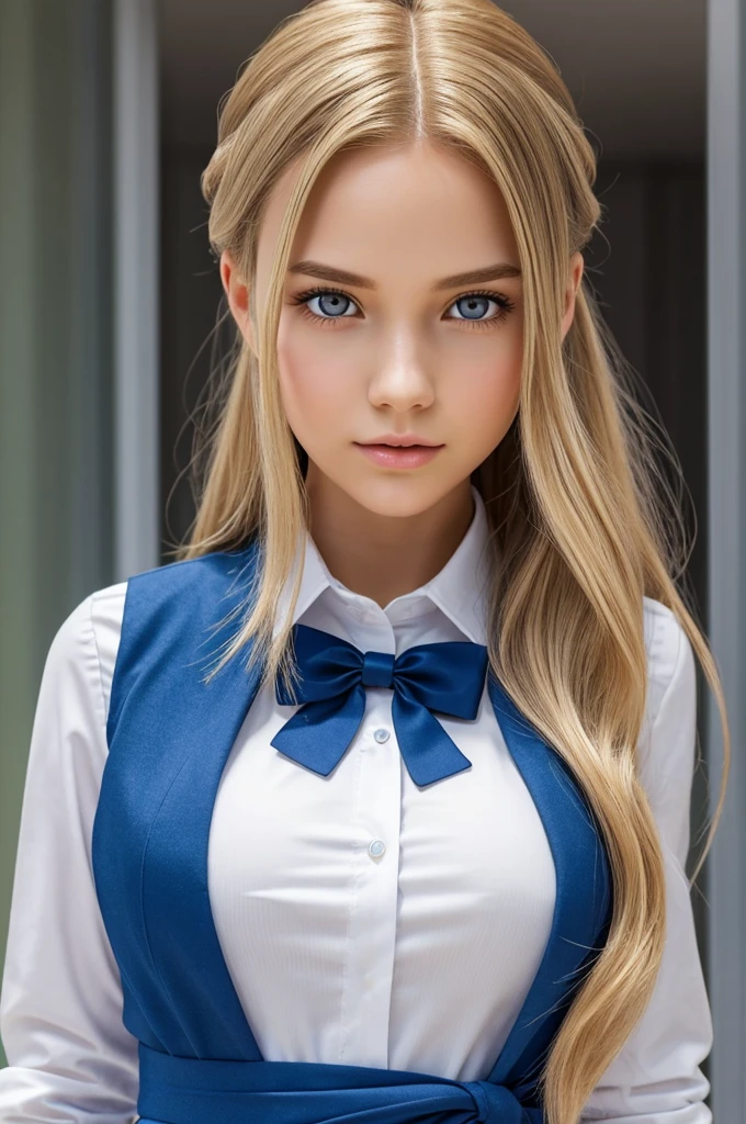 Create a full body image of a young female with life like features, flawless skin, delicate features. wearing a white shirt, and blue and grey vest school uniform and she should be of slender build with small breasts and narrow waist and hips. This girl should have a hyper-realistic face with clear crystal blue almond shaped eyes and very long hip length golden blonde hair with a blue ribbon on the side of her head, the hair should be wide and full. The image should highlight a sharp focus, rendered in ultra high definition using recursive ray tracing. The style should be inspired by animation, but done in a detailed and realistic manner, rather than in the style of any specific studio or artist. Please do not use any Disney character for reference.
