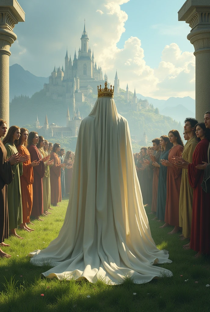 White robe, crowded, green grass, kingdom in distance, crown