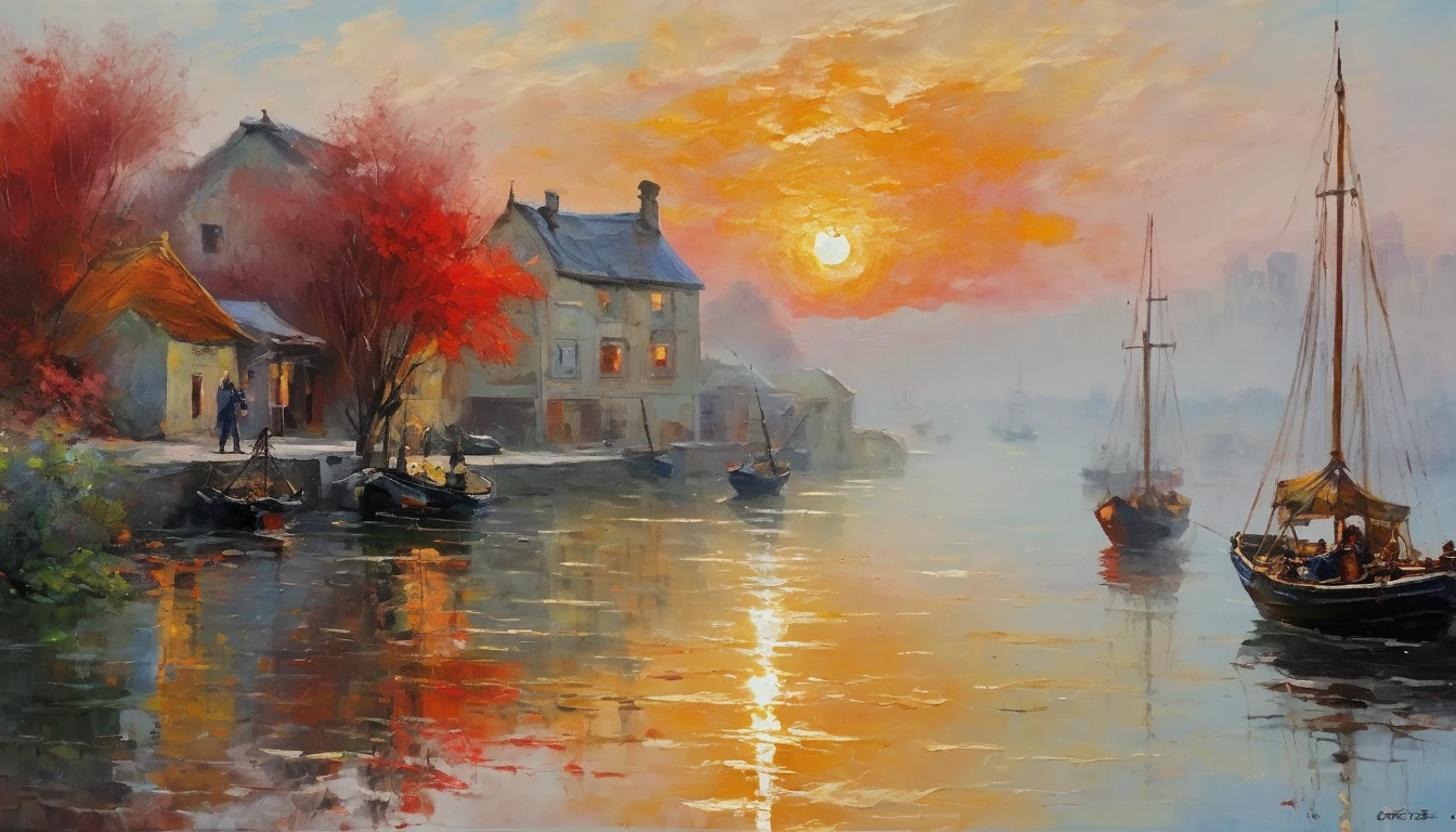 Cozy rooms, Big oil on the wall, Painter of Light, (((Monet's paintings, Impressionist painting:1.2, oil, Harbour sunrise scenery:0.9, The sea is depicted with bold, improvised brushstrokes、A distant view of the port, completely shrouded in mist, The rising red sun is the accent, A painting that exudes a sense of tranquility with its soft colors and gentle brushstrokes.:1.6))、The focus of the image is on impression、The painting itself is a masterpiece、Impeccable writing、Bold brushstrokes、Impressionist feeling, The mysterious beauty of that moment, The wall on which the painting hangs is decorated with an elegant frame.、Enhances the overall aesthetic appeal。Warm lighting、The elegant combination of rooms creates an enchanting atmosphere.、It invites the viewer to immerse themselves in the serenity and beauty of the depicted moment.。The image is、To truly capture the essence of the painting and its surroundings、Top quality with high resolution and ultra-detailed rendering。The art style is、Emphasis on realistic and photorealistic expression、Reflecting traditional oil techniques。The colors are warm and inviting、Highlight the rich colors of the sunset、Infuse a room with a warm glow。Lighting、Make your painting stand out、Add depth and dimension to the entire scene. An oil painting drawn on canvas in which the texture is clearly visible.