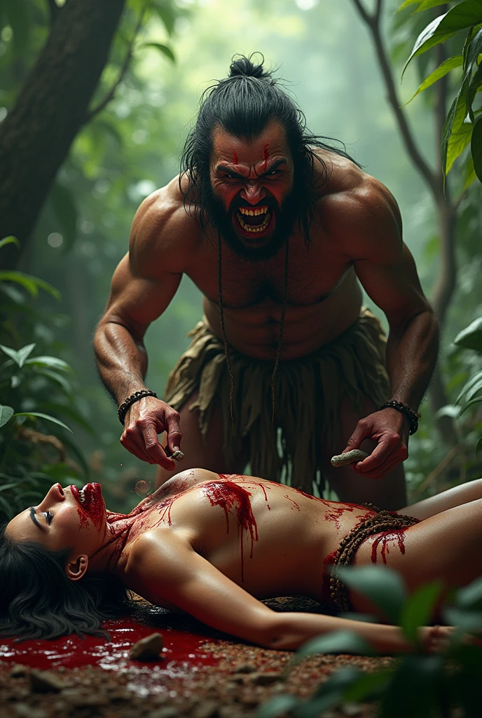 (photorealism:1.2), cannibal man eating another female with stone tools, realistic, jungle background, gory with intestines