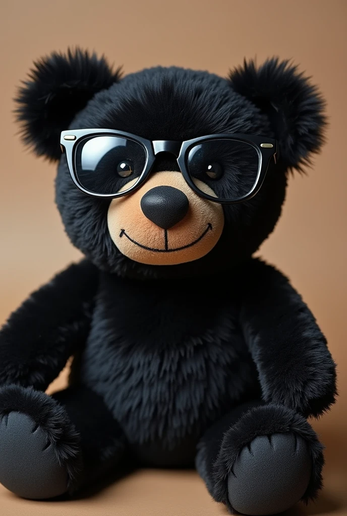 A stuffed bear wearing glasses has been painted black.