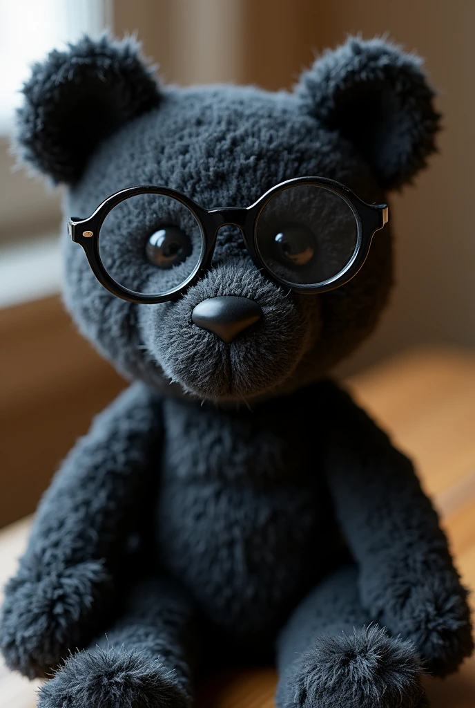 A stuffed bear wearing glasses has been painted black.