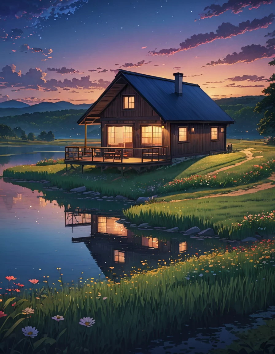 a painting of a cabin in a field, meadow hill lake vast serene sky twilight illumination!!!! anime art wallpaper 4k, Highly detailed 4k digital art