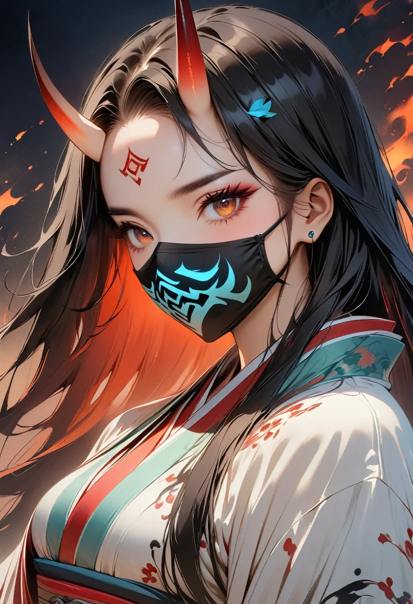 (Masterpiece, Top quality, Best quality, Official art, Beautiful and aesthetic:1.2), Ink painting, (((1 girl))), (((covered mouth, mouth mask))), (((Very detailed forehead tattoo))), (((Anbu mask))) y devil,1 girl, wearing a kimono, (2 small oni horns:1.6), fire around her, Glowing body, Colorful, Top detailed, Cold light, Tattoo