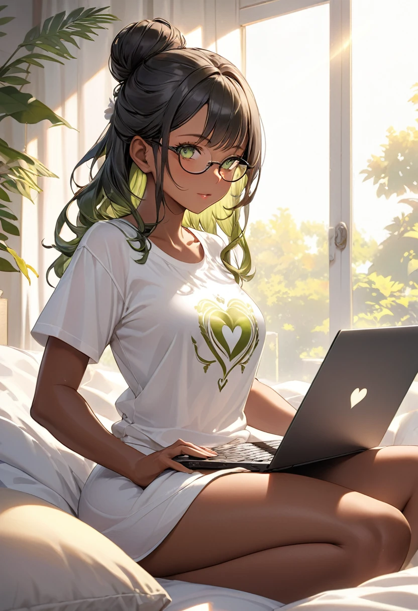 ((very Hot Dark skin mesmerizing beauty in a loose fitting, hip length white t-shirt, and glasses), sitting on her bed, typing on her laptop. (the natrual afternoon sunshine on her. giving her body a silhouette under her shirt). she has the Perfect hourglass physique, amazing (dark skin), Beautiful Detailed light olive green eyes, flowing, shining, wavy black hair tide in a bun , and a strong circular face with a wide concaved nose. Her body is strong, toned and alluring with round hips, ,an eye-catching heart-shaped rear . intricately accurate facial and physical structure, intricately realistic expression and emotion, accurate colored complexion, accurate clothing design, complex hair styles , intricate character detail. The atmosphere should be hot and flirty