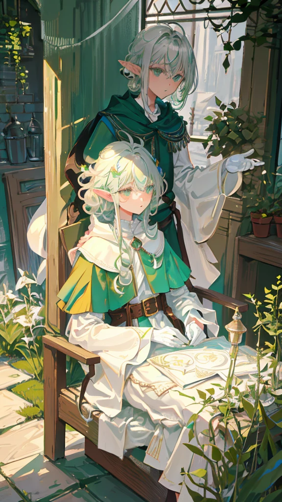 Elf, silver hair, medium hair, medium cut, ahoge, curly hair, green eyes, slim, fair skin, white robes, green cloak, fingerless gloves, brown pants, belt, androgynous, dignified々 A cute man. In her garden, in the chair. Sleeped