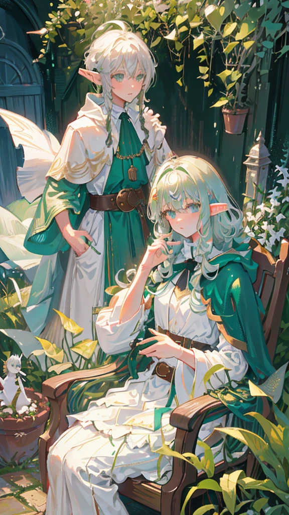 Elf, silver hair, medium hair, medium cut, ahoge, curly hair, green eyes, slim, fair skin, white robes, green cloak, fingerless gloves, brown pants, belt, androgynous, dignified々 A cute man. In her garden, in the chair. Sleeped