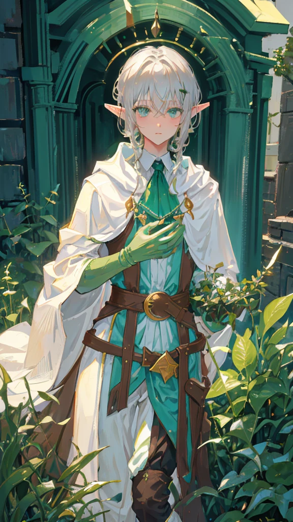 Elf, silver hair, medium hair, medium cut, ahoge, curly hair, green eyes, slim, fair skin, white robes, green cloak, fingerless gloves, brown pants, belt, androgynous, dignified々 A cute man. In her garden, in the chair. Sleeped