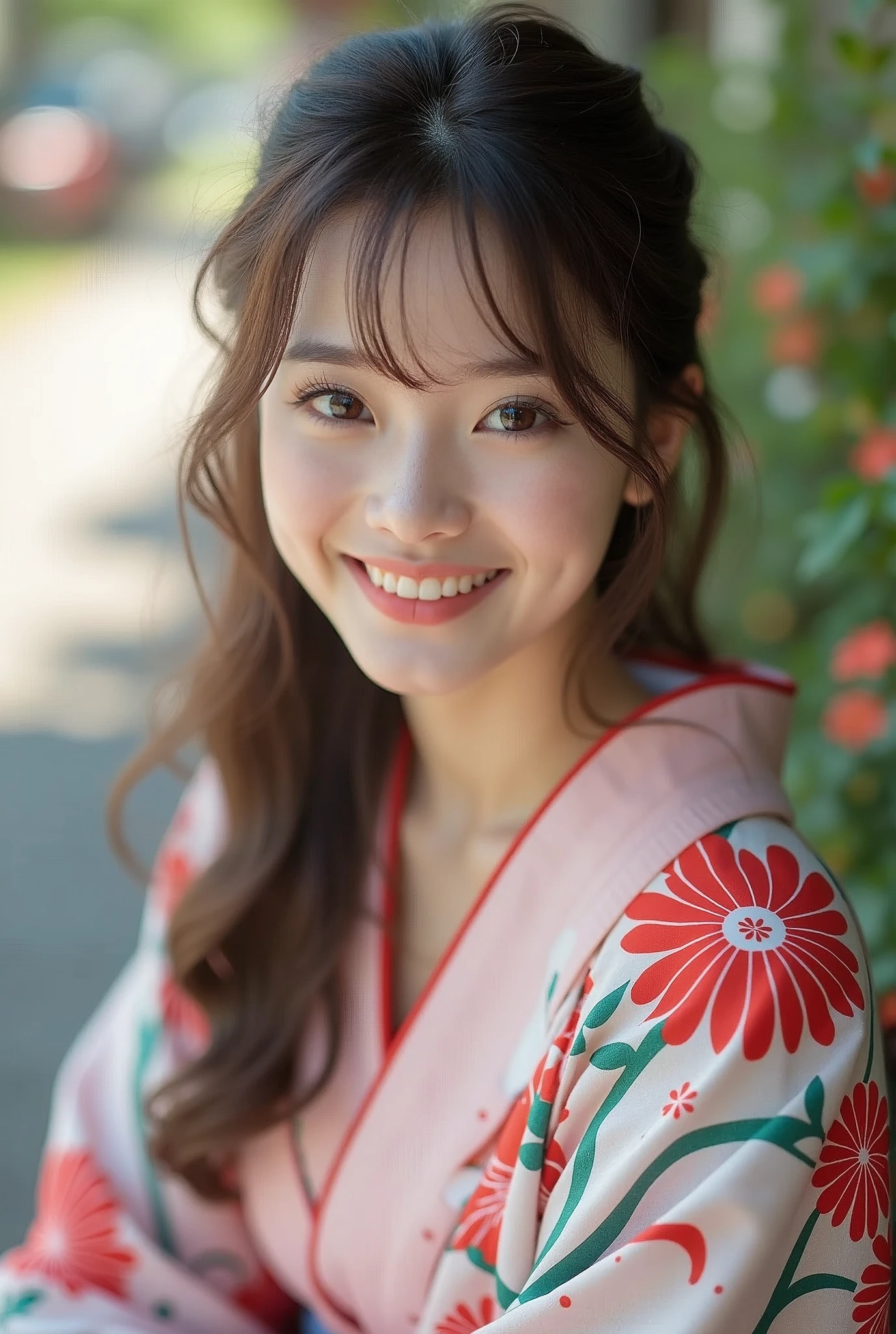 A very cute face like an idol、like々A 19-year-old woman with a cute face、Gentle and cute、A kind smile、(((Japanese Yukata)))、Sitting on a festival bench、Cleavage、(Full body portrait)、RAW Photos、Genuine、High resolution