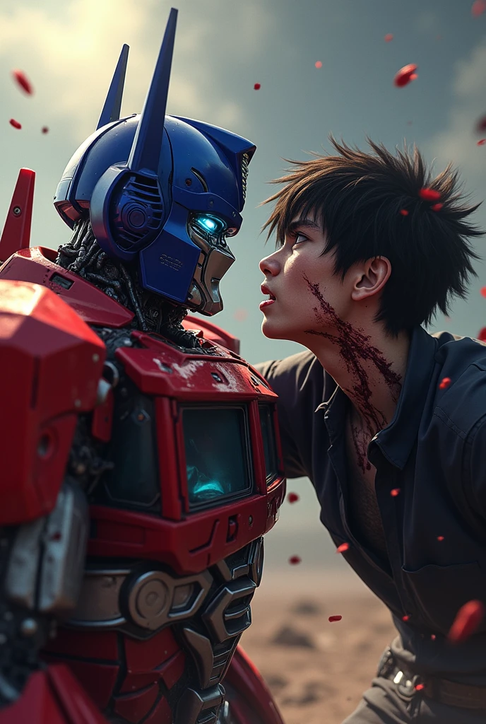 Optimus Prime, Kirito, intense battle, Optimus Prime punching Kirito, Kirito's face injured, blood, dynamic action, cinematic lighting, gritty, hyper realistic, 8k, high detail, photorealistic, dramatic, intense, powerful, masterpiece