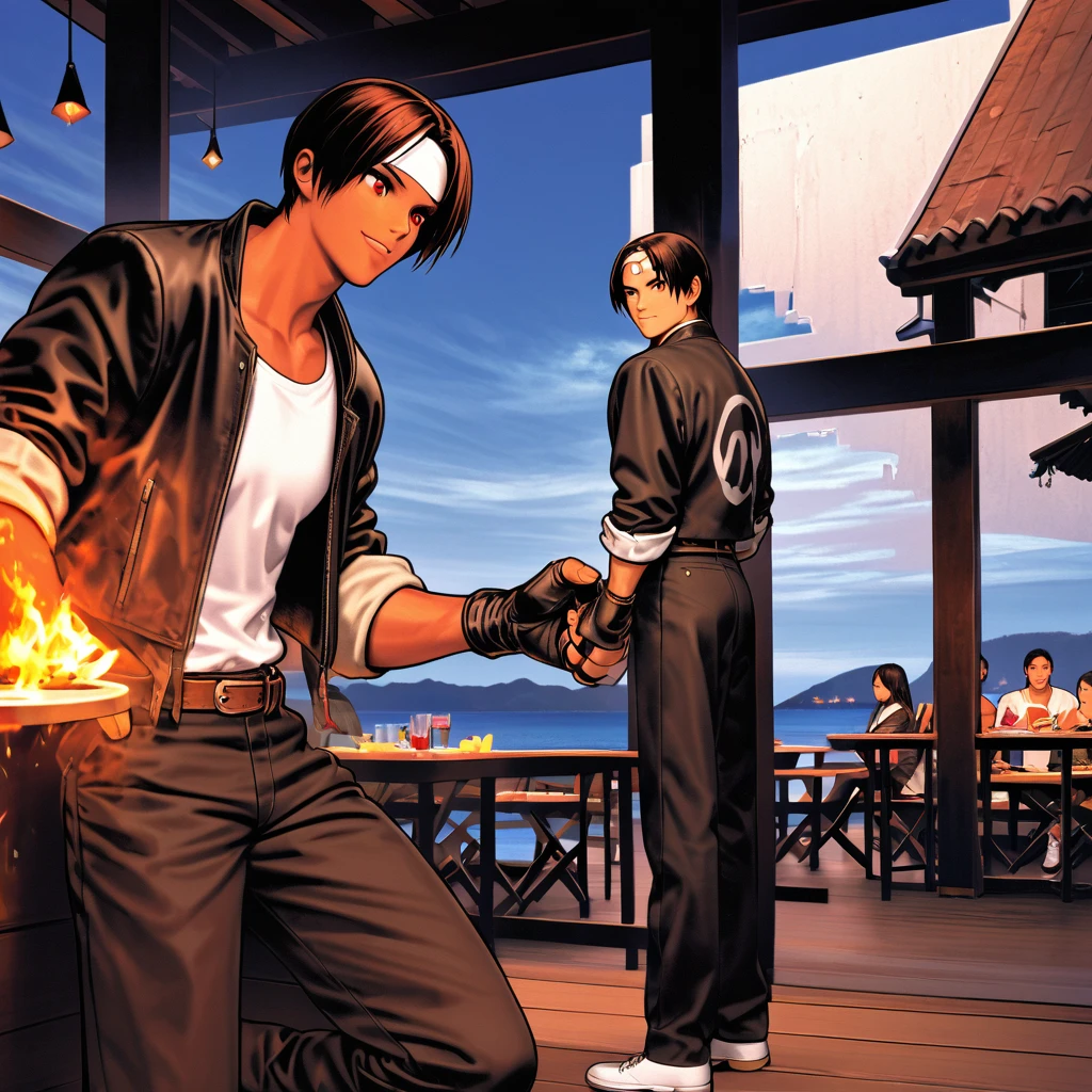 One person,woman,Reach out your hand/put your hand forward,Looking down,short hair,Dark Skin,Red eyes,(black jacket with sleeves rolled up),Fingerless gloves,White T-shirt, (White headband on forehead),Black trousers,White shoes,Brown belt,cute,Indoor Party,Charm Points,Ocean View,Slightly large chest,Outdoor,high quality,good looking,A confident smile,Dining with friends on the terrace,Vibrant atmosphere,Crouching