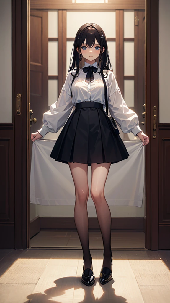 ((True best masterpiece, Ultimately perfect quality, Extremely delicate details)), ((Shy, Quiet, Neat)), An introverted age girl, With skinny slim body, With dark-blue eyes, With med brown-black hair, With flat bust, B cup, Wearing white y-shirt with black tie, Wearing black fabric skirt, Looking at the audiences, Full body