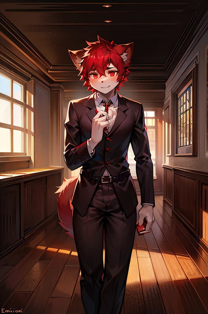 masterpiece, best quality, 8K resolution, Very detailed, hairy，Cat，Black short hair，Red eyes，emaciated，short，student，Cunning，Boys，Holding a pen，There is a red button on the chest，There is a knife on the waist，Wearing school uniform，Red hair，sit on the chair，In classrooms，chat，One hand holds the chin，Focused eyes，Place the other hand on the table，There is a table with some books on it.，Upper Body，erect
