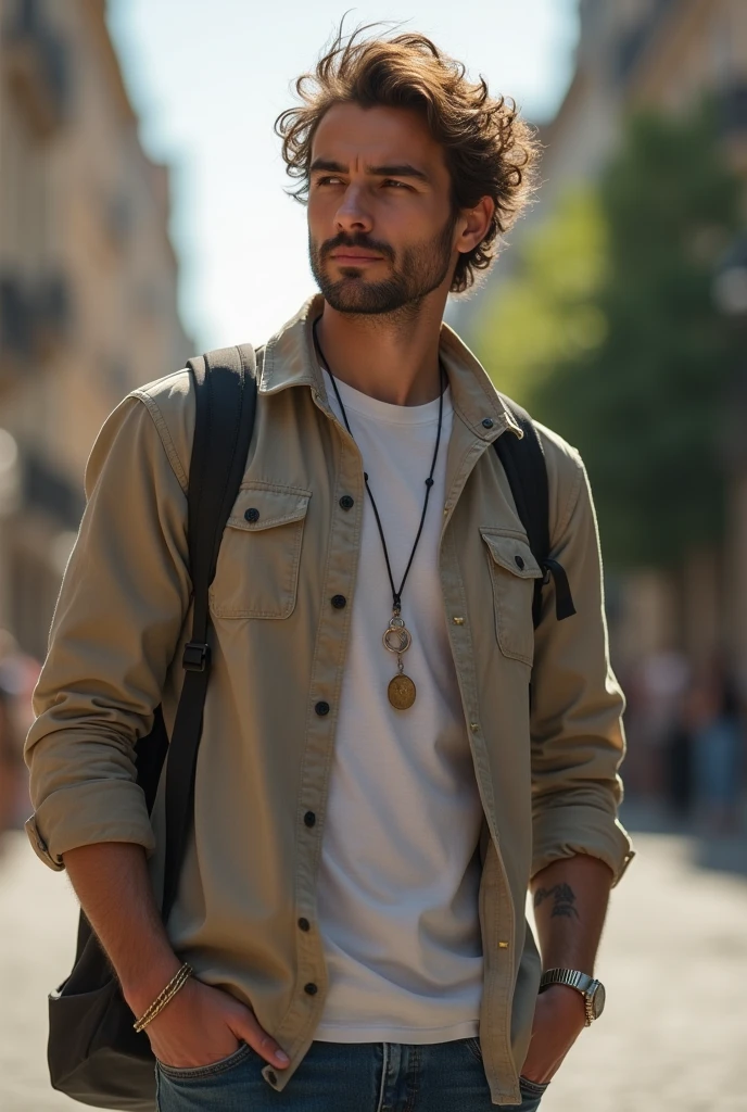 Young 25 year old entrepreneur with less beard and casual clothes and bagback, It should not be so realistic and should only be seen from the waist up.