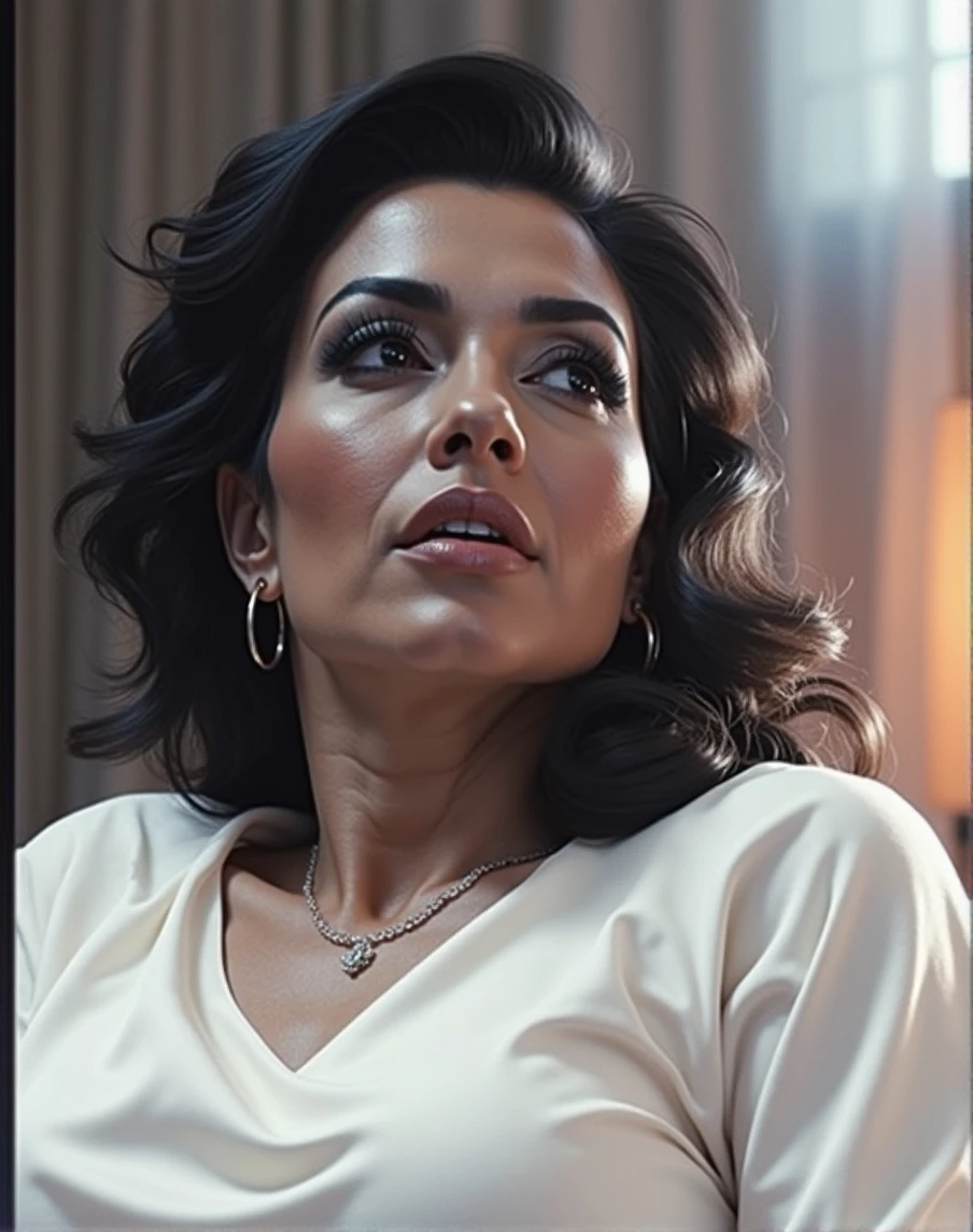 realistic 50 year old Mexican woman in sensual pose on bed, half body pose, detailed skin texture, beautiful facial features, long eyelashes, glossy lips, delicate fingers, elegant body shape, luxurious silk bedding, soft lighting, cinematic composition, vivid colors, photorealistic, 8k, high quality