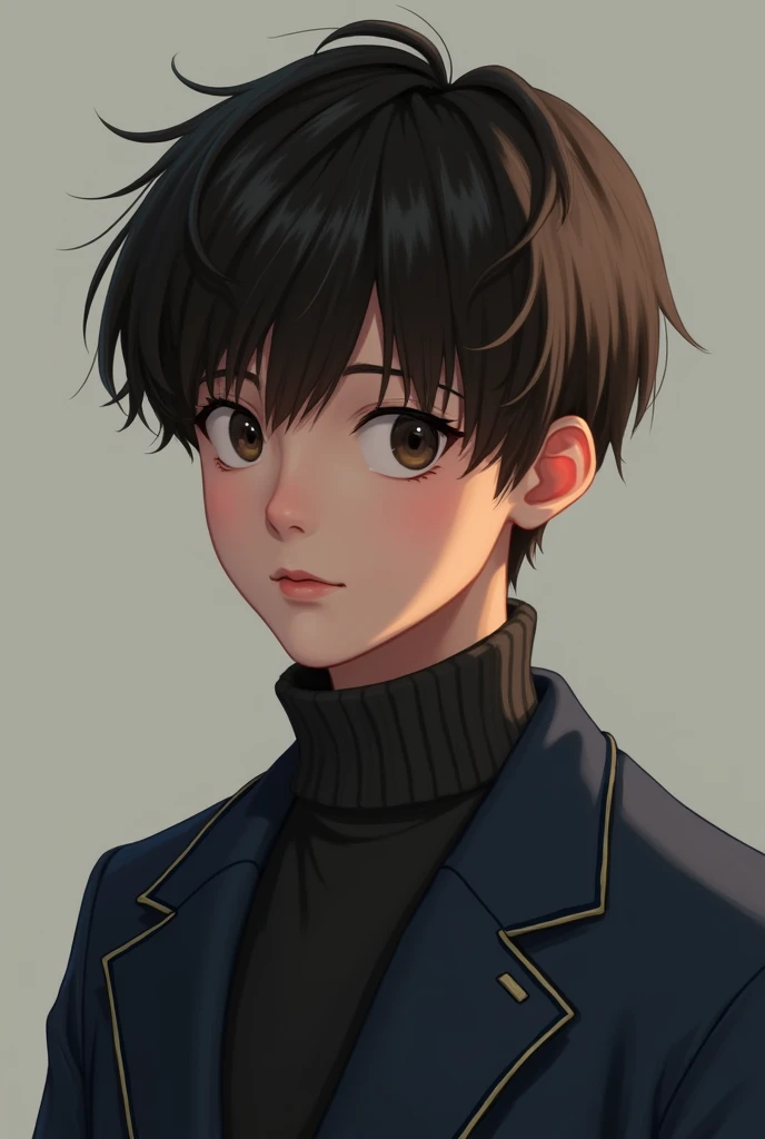 A 17 year old boy, who has dark brown hair wears a turtleneck with a school uniform 