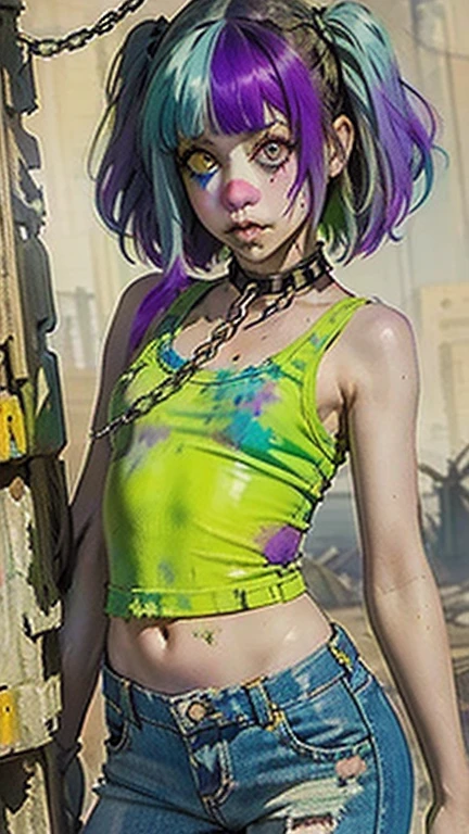 Water Painting, Mud and thunderclouds, Highest quality, High resolution,(A frame made of chains and ruins),pretty girl、Small eyes、（Flat Chest）, ((Odd colored hair,green,purple,yellow)), beautiful、、Tattered denim pants、Tattered black tank top、Circus、Large chain collar、clown、Bold Pose
