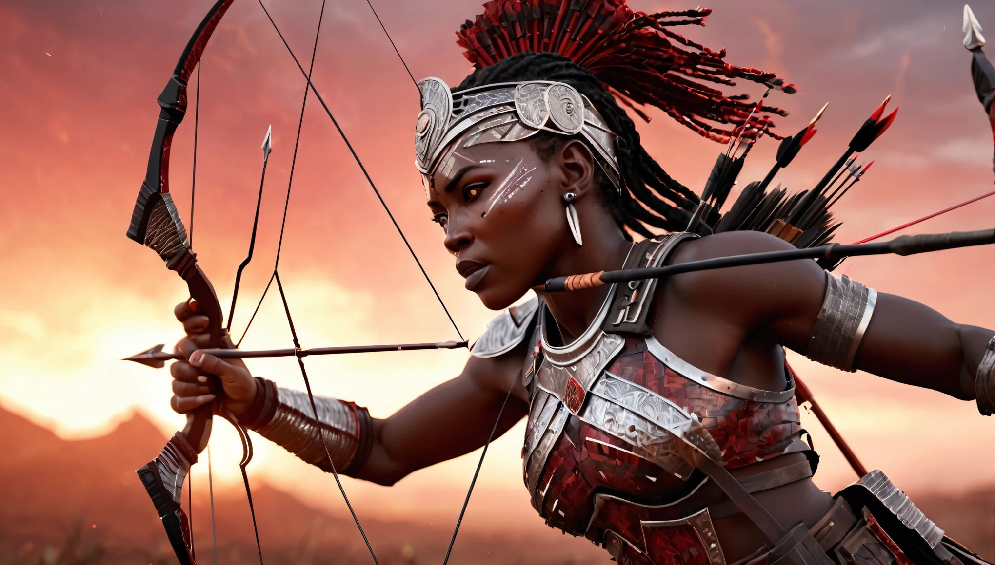 Half body shot of an army or female African archers aiming their arrows towards at the viewer, thousands of female archers wearing african designed armour, on a battlefield, red sky shining a light providing a grey and red cinematic look, crafted with intricate details in Unreal Engine, Octane Engine, or Vray, evoking a sense of epic.