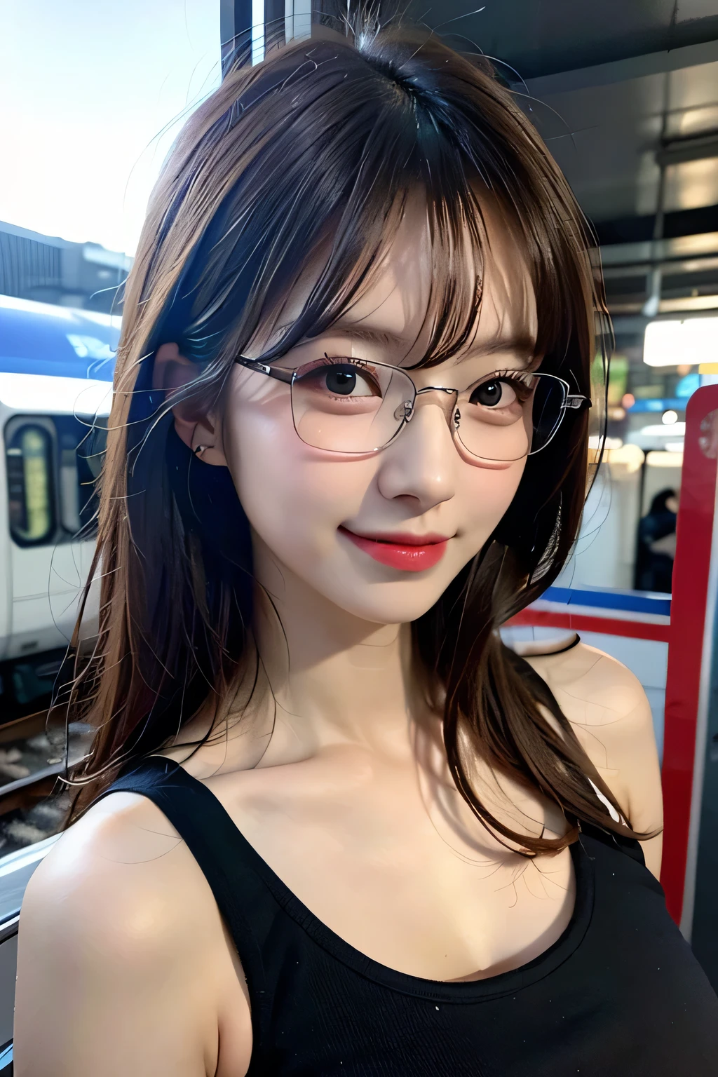 (8K、Raw photo、Highest quality、masterpiece:1.2)、(Realistic、Photorealistic:1.37)、Ultra-detailed、Ultra-high resolution、1 girl、Seeing the viewer、Beautifully detailed face、Laughter、narrow、(Slim waist) :1.3)、shortcut、Beautifully detailed skin、Skin Texture、Floating Hair、Professional Lighting、Waiting for the train on the platform、Black-rimmed square glasses 、Human whole body、Brown Hair、Northleigh、Tank Top