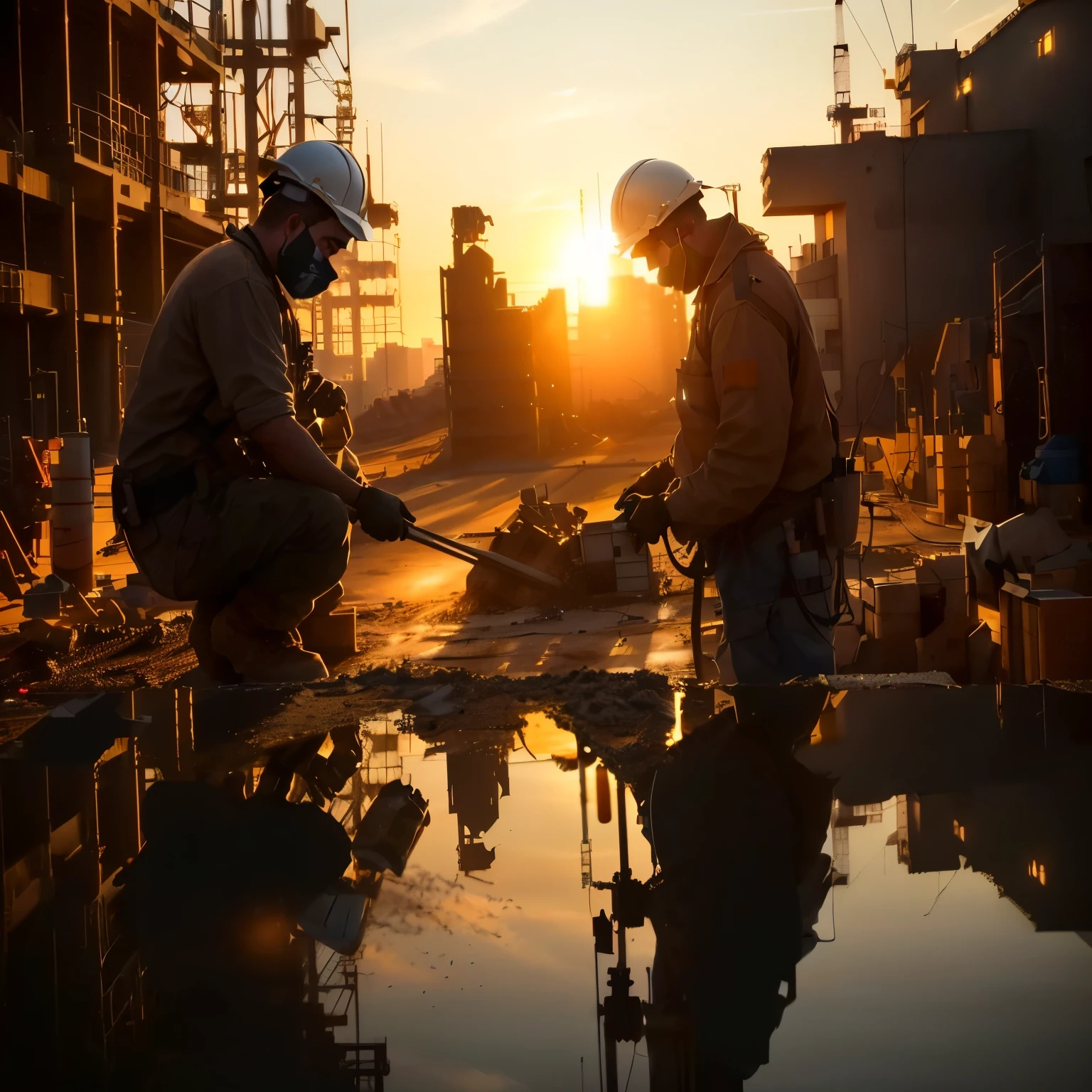 workers are working on a construction site at sunset, workers, industrial photography, people at work, maintenance, photo taken in 2 0 2 0, during golden hour, description, photo taken in 2018, instagram post, portrait shot, construction, ground-breaking, uploaded, taken at golden hour, mid shot photo, cinematic still, end of the day
