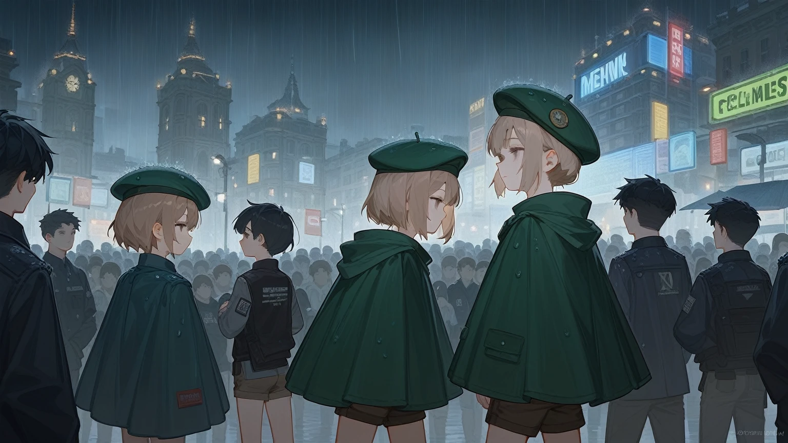 1Young girl，B Hedgehog Head，Light brown spiky bangs，dynamic，The bangs are too long to cover the eyes，Half-closed eyes smile，Stretch out your arms，Green Beret，Green Cape，Brown shorts，Gray Gothic Building，Grey crowd，Gray flowers，Gray environment，Movie lighting，A sea of people，Everyone wears a hat，rain，Madness，absurd，Impressionism，Profile，Character Light，Partial lighting，individual