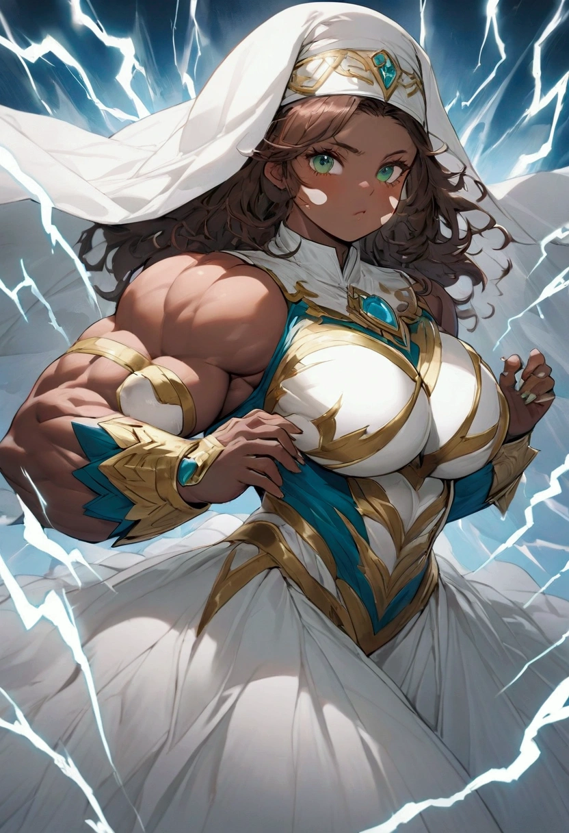 A muscular female superhero nun ((muscular size:2.2)) orange and brown hair, green eyes, farm tan brown skin (freakles on cheeks:1.2) white & teal blue armor, white knee high heel boots ((lightning superpower from her hands:1.2)) amazing, awesome, high-quality, beautiful, elegant, mighty, heroic.
