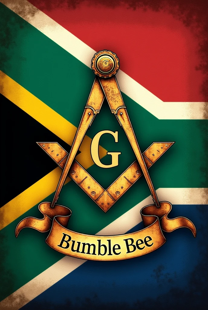 Amtique Masonic square and compass in the middle of a south african flag with the word Bumble Bee below in a scroll.flag to be crsip.