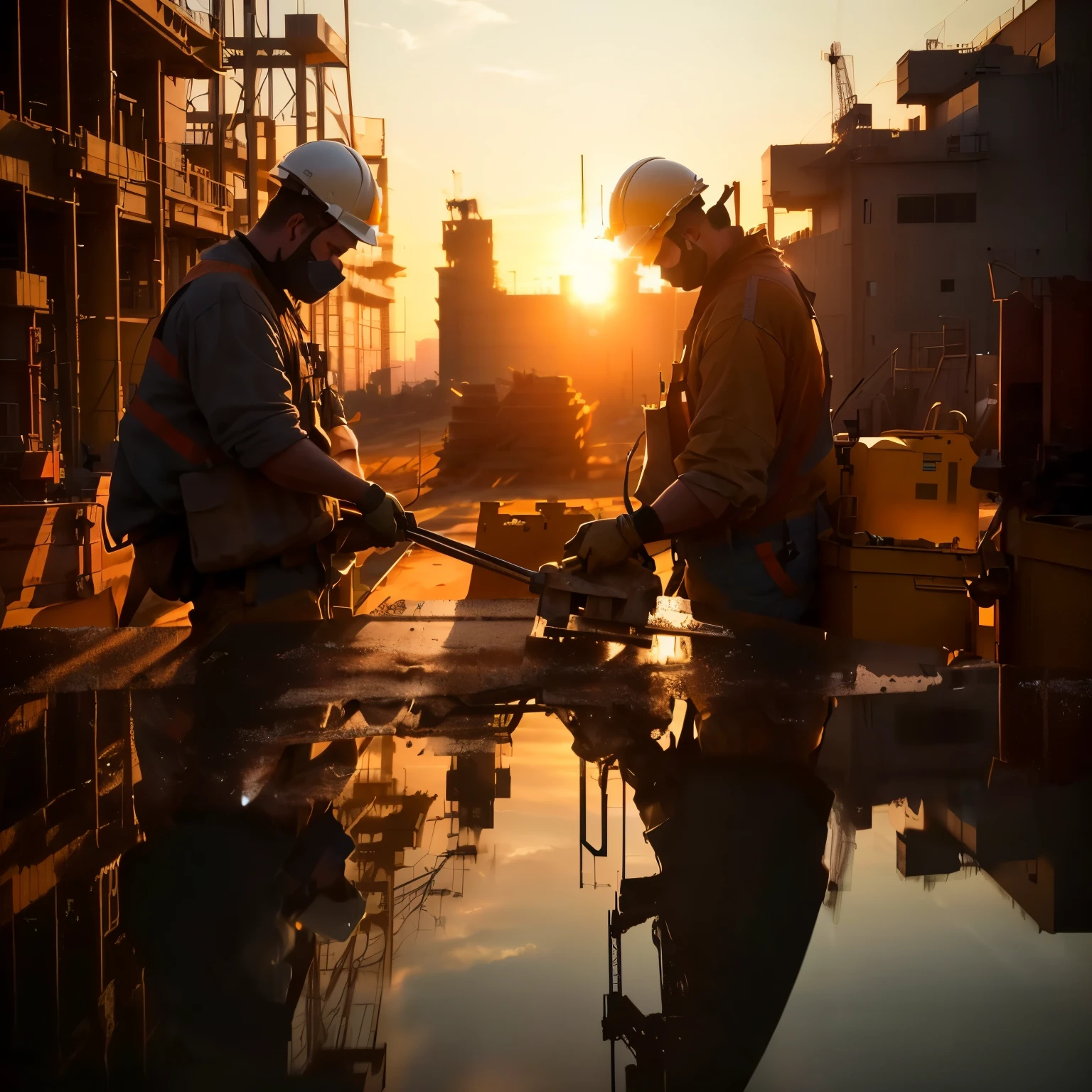 workers are working on a construction site at sunset, workers, industrial photography, people at work, maintenance, photo taken in 2 0 2 0, during golden hour, description, photo taken in 2018, instagram post, portrait shot, construction, ground-breaking, uploaded, taken at golden hour, mid shot photo, cinematic still, end of the day