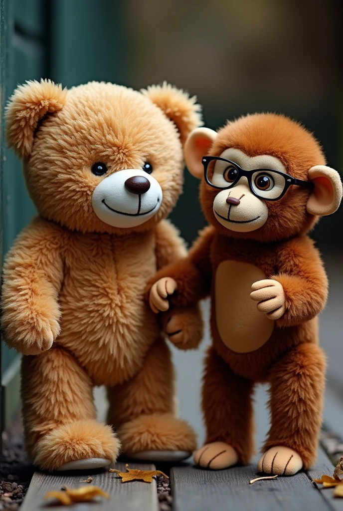 A teddy bear and a teddy monkey wearing glasses