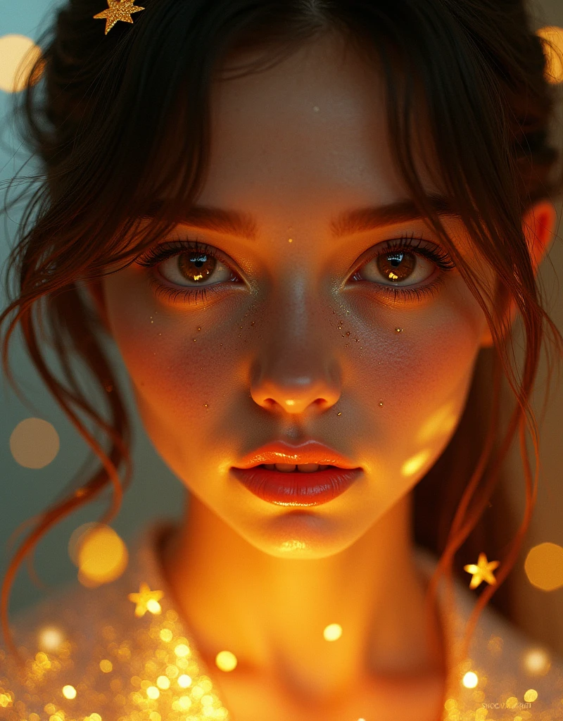 One girl，beautiful，Glittering，Motion Blur，triangle，Cinematic lighting effects，close，Detailed face，Golden