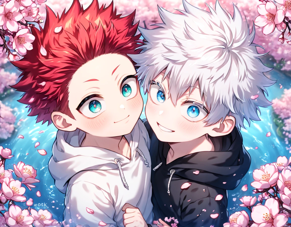 absurdres, highres, ultra detailed, HDR, master piece, best quality, extremely detailed face, delicated features, Gojou Satoru as a kid, white hair, expressive blue eyes, white eyelashes, Boku No Hero Academia, Todoroki Touya as a kid, red hair, spiked hair, expressive turquoise eyes, two kids together, yaoi, gay couple, small, cute, smiling, black hoodie, white hoodie, fantasy, magical, cherry blossoms, pink flowers, pink birds, pink petals, water, Jujutsu Kaisen