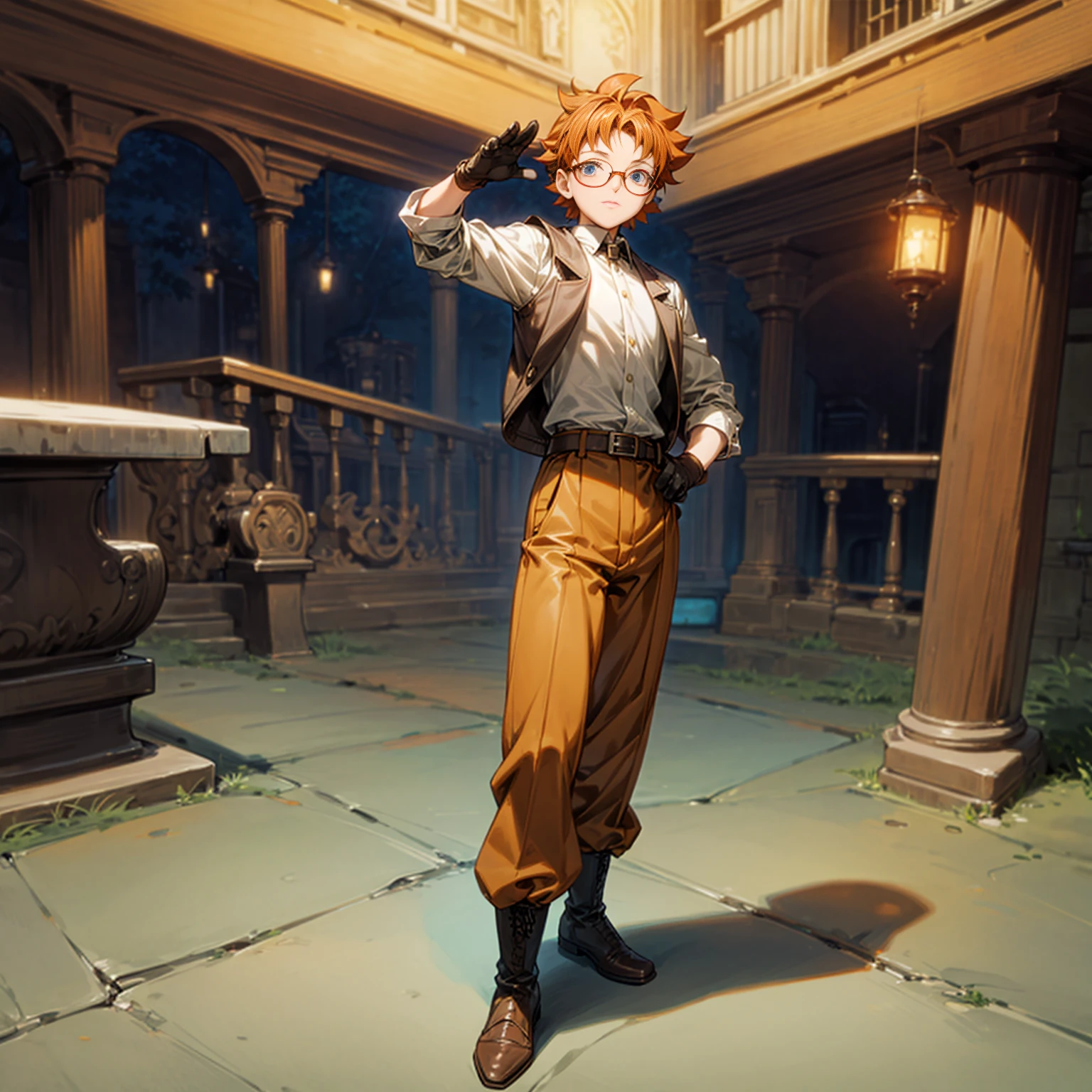 Solo character, full body version, young man, blue eyes, orange color hair, short half long curly hair, glasses, formal suit outfit, brown pants, boots, belt, gloves, outdoor, town, medieval, morning, detailed background, detailed clothing, detailed hair, happy, (Hunter x Hunter style art), standing gesture,