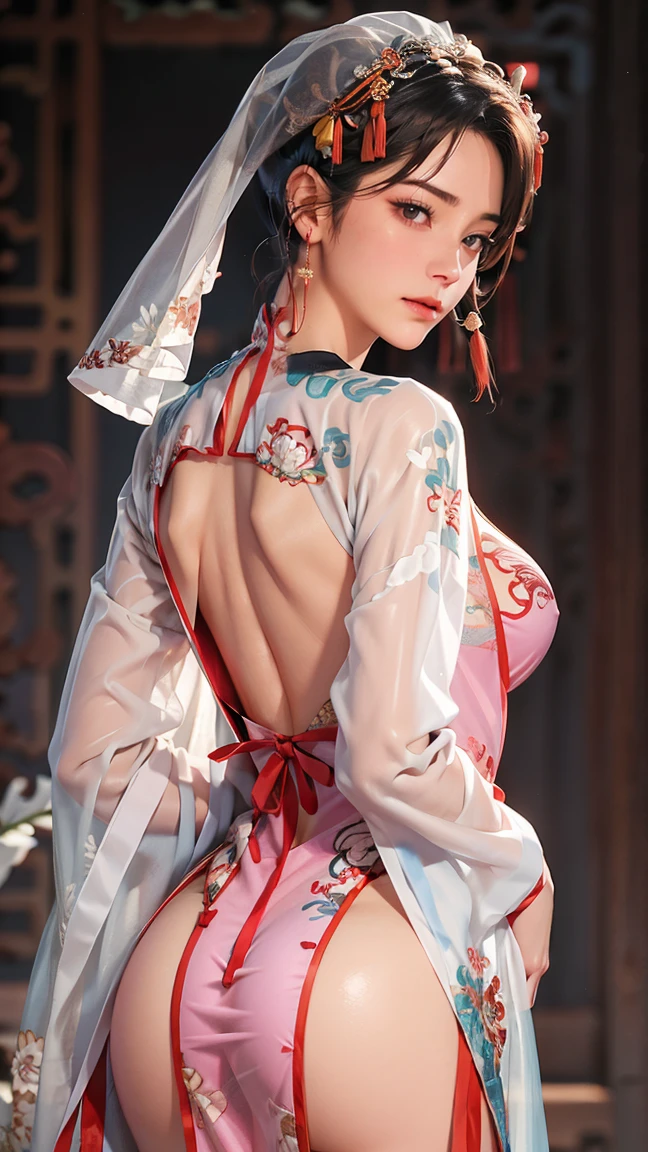 a male, big butt, bigbreast , wearing a veil, filler-lips , short black male style hair, wear a sexy Chinese clothes, see through clothes, show off his big butt, front view, simple background, A stunning visual masterpiece, double exposure, realistic, cinematic scene
