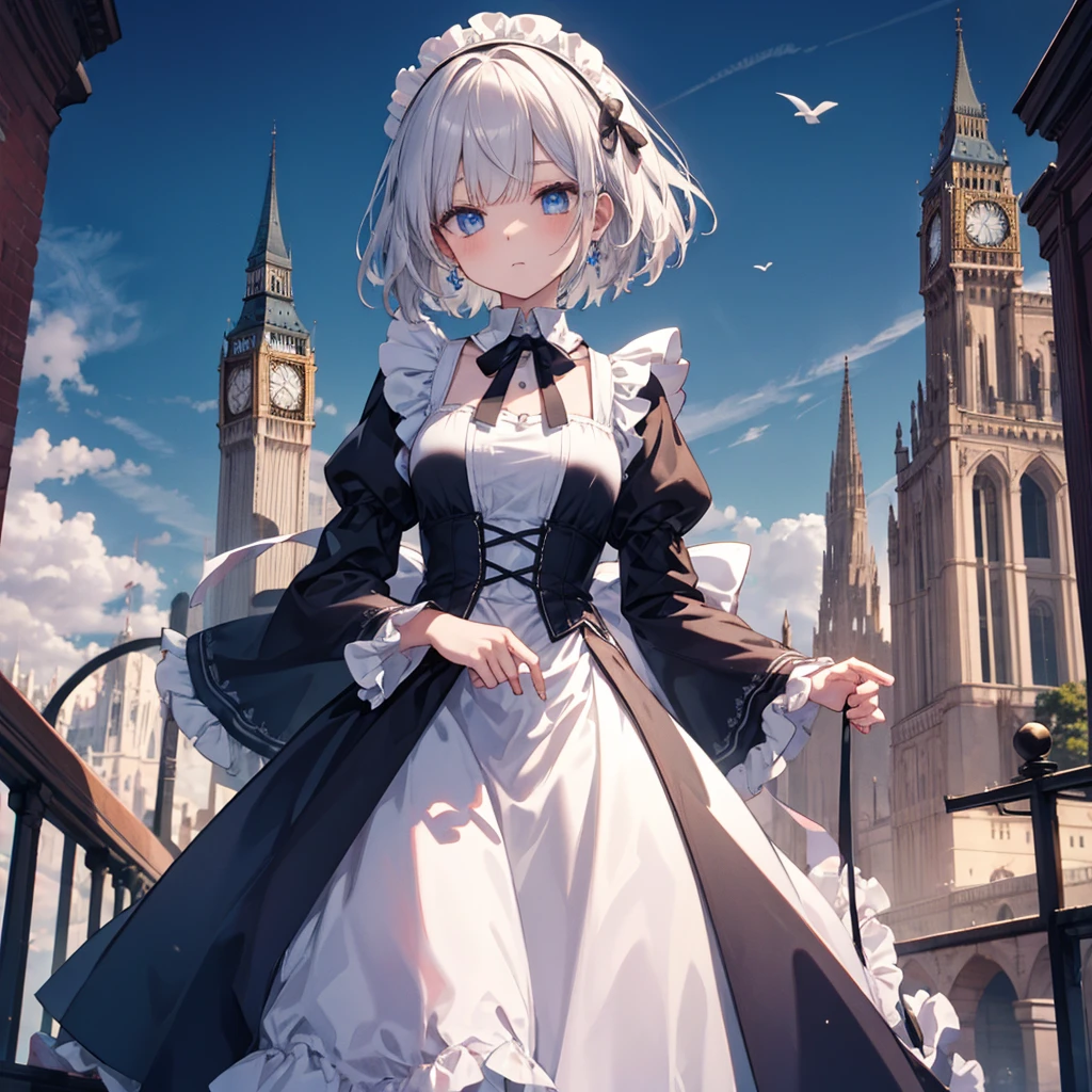 {{{Expressionless}}},{{{{One Woman}}}},{{{Age 35}}},{{{{{Mature Woman}}}}},{{{{{solo}}}}},small ,{{{{{Hide your hands}}}}},Maid clothes,Gothic Maid,Long skirt,Sharp medium long straight hair,Long sleeve,Long Bangs,Silver short-cut hair, Hollow Eyes,Highest quality,Delicate background,8k wallpaper,Frills,Super Detail,pastel blue eyes,Narrow eyes,beautiful buildings in london,{{{One Face}}},Two arms,2 Foot,{{{{{Have nothing}}}}},Perfect skeleton
