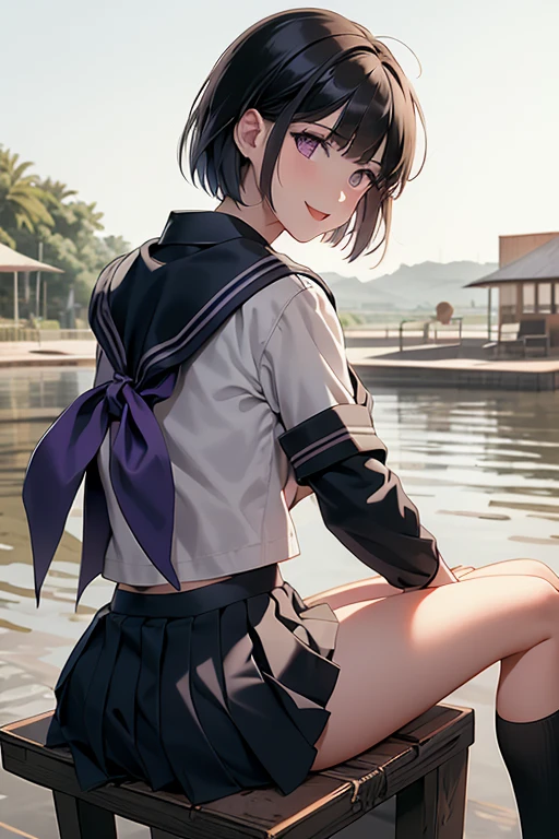 best quality, 1girl, solo, (osanai yuki), __posture__, short hair, black hair, bob cut, bangs, purple eyes, school uniform, red neckerchief, neckerchief, serafuku, sailor collar, socks, black skirt, skirt, long sleeves, pleated skirt, sweater, black socks, sleeves past wrists, black sailor collar, loafers, small breasts, breasts, cowboy shot, __looking__, __expression__, __background__. __posture__:standing\nstanding\n(contrapposto:1.1)\n(contrapposto:1.2)\n(sitting:1.1)\n(sitting:1.2) __looking__:looking_at_viewer\nlooking_at_viewer\nlooking_at_viewer\nlooking_at_viewer\nlooking_back __expression__:smile/nsmile/nsmile/nsmile, open_mouth/nsmile,