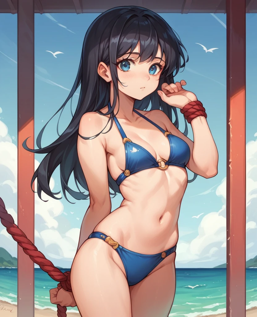 Anime girl , black hair , blue eye , super small bikini suit , hand tied behind back by rope , stand on Yacht, sunny , look at viewer, cute , sexy , helpless 