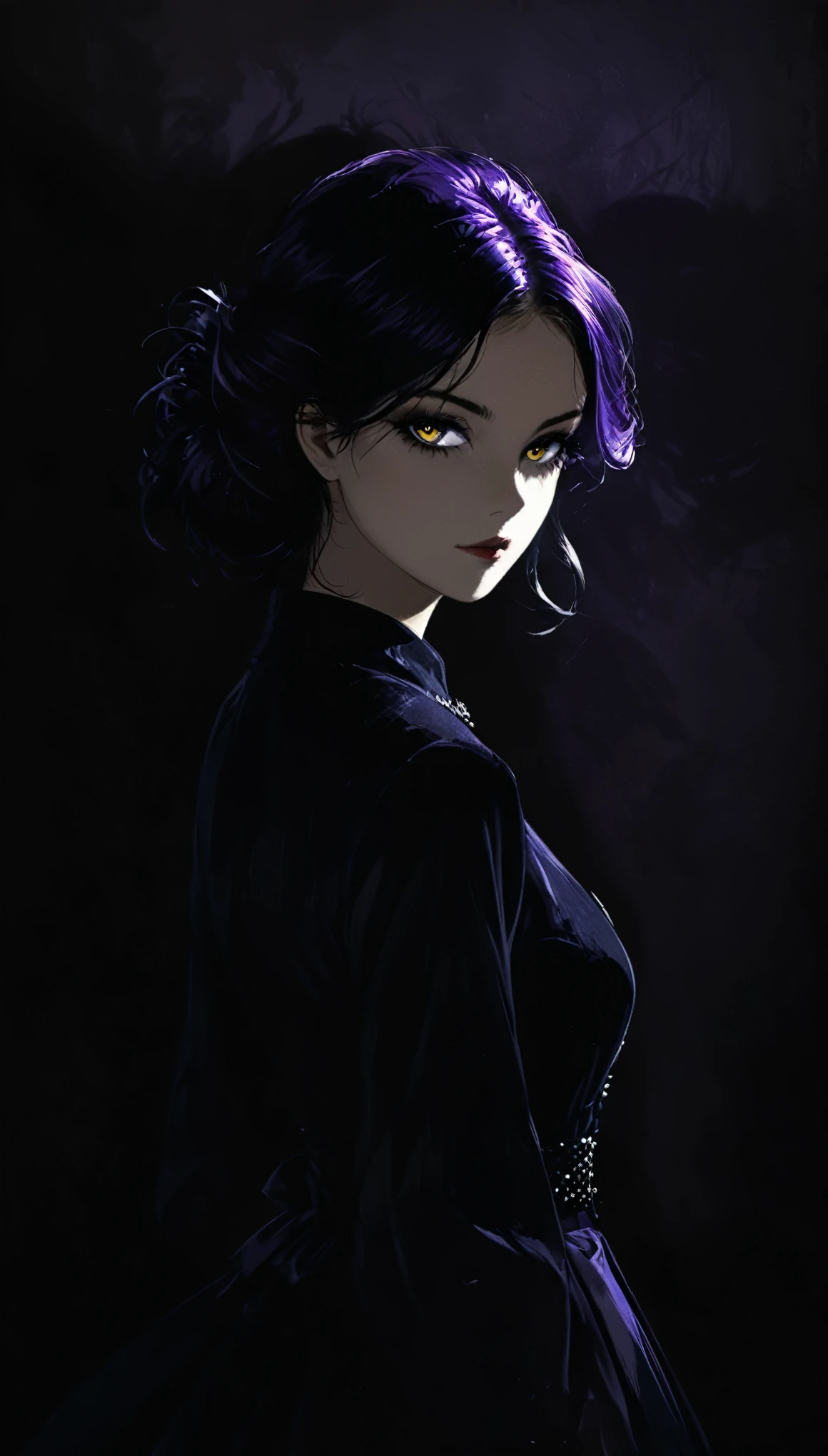 in style of Carolina Herrera-【Gorgeous clothing designer】-,in style of Catherine Hyde-【Unique blurry style】-,in style of Charline von Heyl
1 girl,character concept design,half body,gravure_pose,black background,(extreme shadows:1.6),(extreme dark:2.6),long dark purple hair,dark purple clothes,abrupt dark purple,glow eyes in the dark