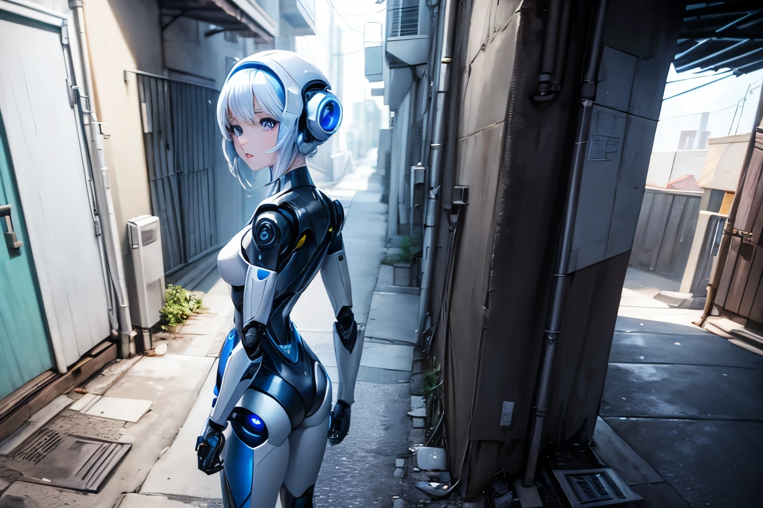 Female Robot,Standing in a back alley,White body,Blue Line,looking at the camera,Front facing