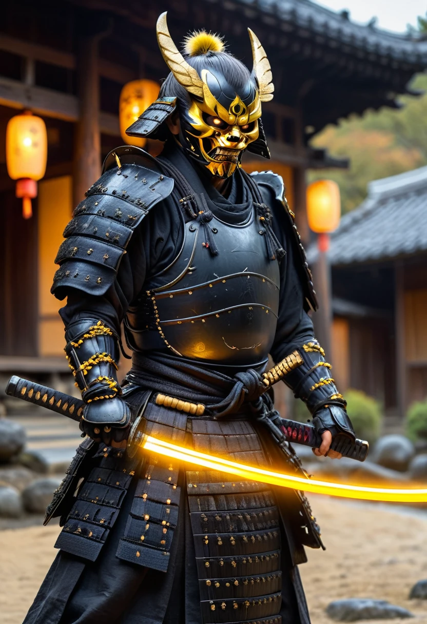 An action photo, a realistic digital photo, An angry anthropomorphized Hawkeye samurai brandishes a magical katana glowing out of its scabbard, black with black wooden armor, samurai beads, yellow samurai demon mask, standing in an ancient Japanese village, ultra HD, 8k, detailed.