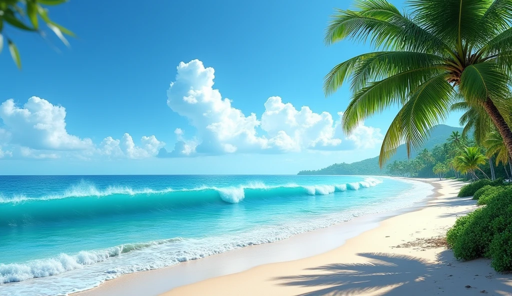 a beautiful blue beach with large crashing waves, a green coconut palm tree in the right corner of the frame, blue sky with fluffy white clouds, (best quality,4k,8k,highres,masterpiece:1.2),ultra-detailed,(realistic,photorealistic,photo-realistic:1.37),landscape,tropical,paradise,serene,calm sea,dynamic waves,lush foliage,vibrant colors,natural lighting