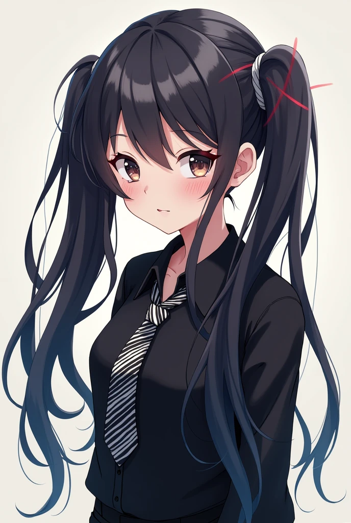 a girl, with long hair and pigtails with a light streak with black clothes and a tie that is white underneath and the upper part is black anime style