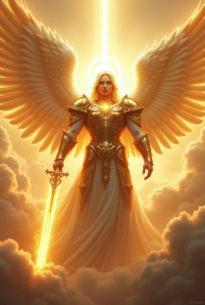 Create a powerful and majestic archangel standing in a celestial realm. The archangel should be tall and commanding, with a radiant, golden aura surrounding them. They have large, ethereal wings that are white with golden tips, spreading out wide and shimmering with divine light. The archangel's armor is made of burnished gold, intricately detailed with celestial symbols, and they hold a flaming sword that emits a bright, holy fire. Their face is both stern and compassionate, with piercing eyes that reflect wisdom and justice. Above their head, a halo of light shines brightly, symbolizing their divine origin. The background should be filled with clouds, rays of light, and the faint outlines of other angelic beings, giving a sense of the heavenly domain