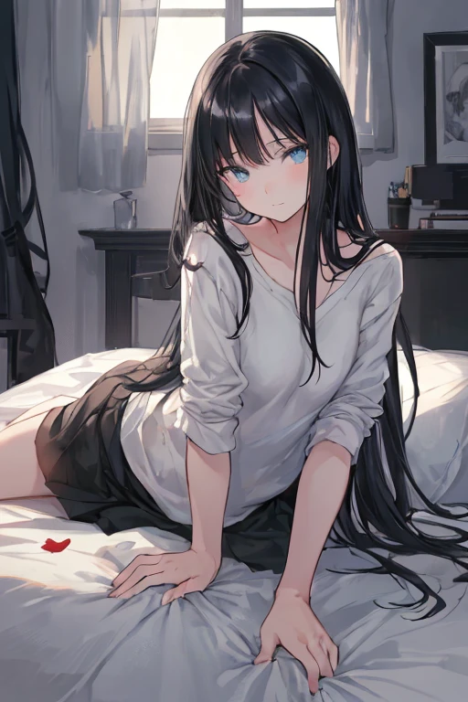a girl with long black hair lying on a bed in a cozy one-room apartment, wearing casual clothes with messy hair, a slightly shy expression, swaying curtains and sunlight streaming in, illustration, high resolution, best quality, 8k, hyperrealistic, masterpiece, dramatic lighting, detailed facial features, beautiful eyes, elegant pose, soft colors, atmospheric, photorealistic