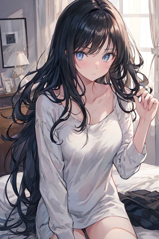 a girl with long black hair lying on a bed in a cozy one-room apartment, wearing casual clothes with messy hair, a slightly shy expression, swaying curtains and sunlight streaming in, illustration, high resolution, best quality, 8k, hyperrealistic, masterpiece, dramatic lighting, detailed facial features, beautiful eyes, elegant pose, soft colors, atmospheric, photorealistic
