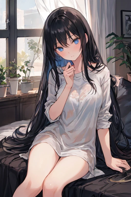 a girl with long black hair lying on a bed in a cozy one-room apartment, wearing casual clothes with messy hair, a slightly shy expression, swaying curtains and sunlight streaming in, illustration, high resolution, best quality, 8k, hyperrealistic, masterpiece, dramatic lighting, detailed facial features, beautiful eyes, elegant pose, soft colors, atmospheric, photorealistic