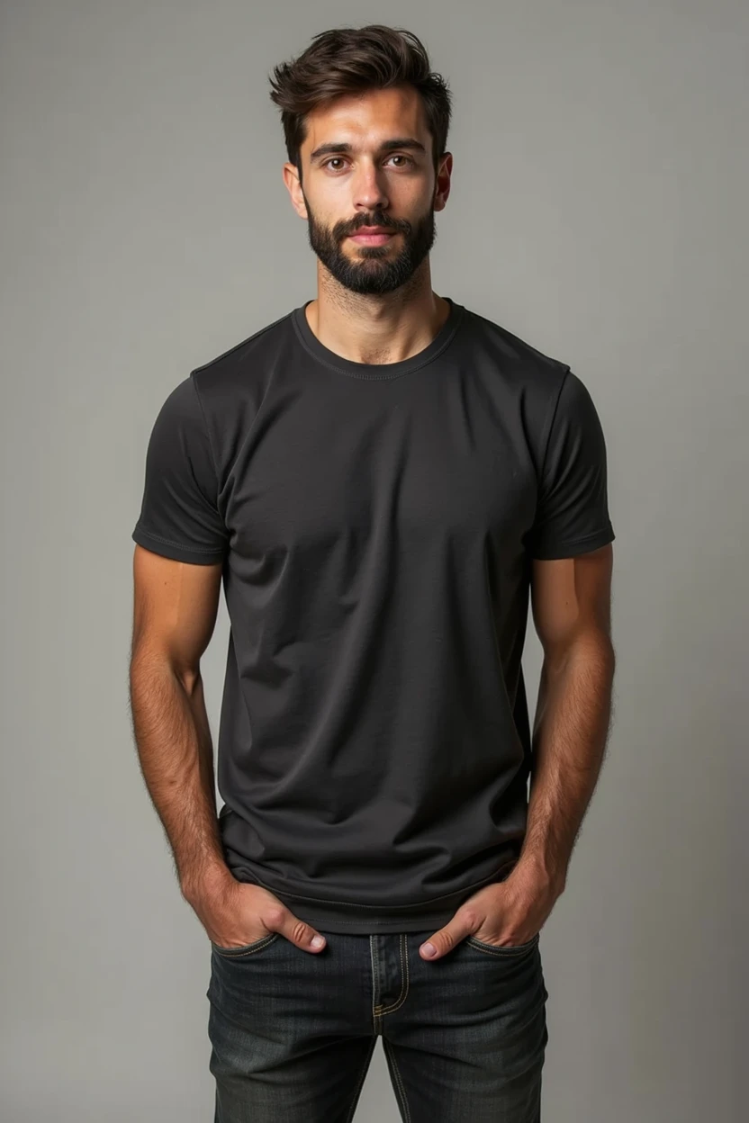 Young 25 year old entrepreneur with less beard and casual clothes, It should not be so realistic and should only be seen from the waist up.

