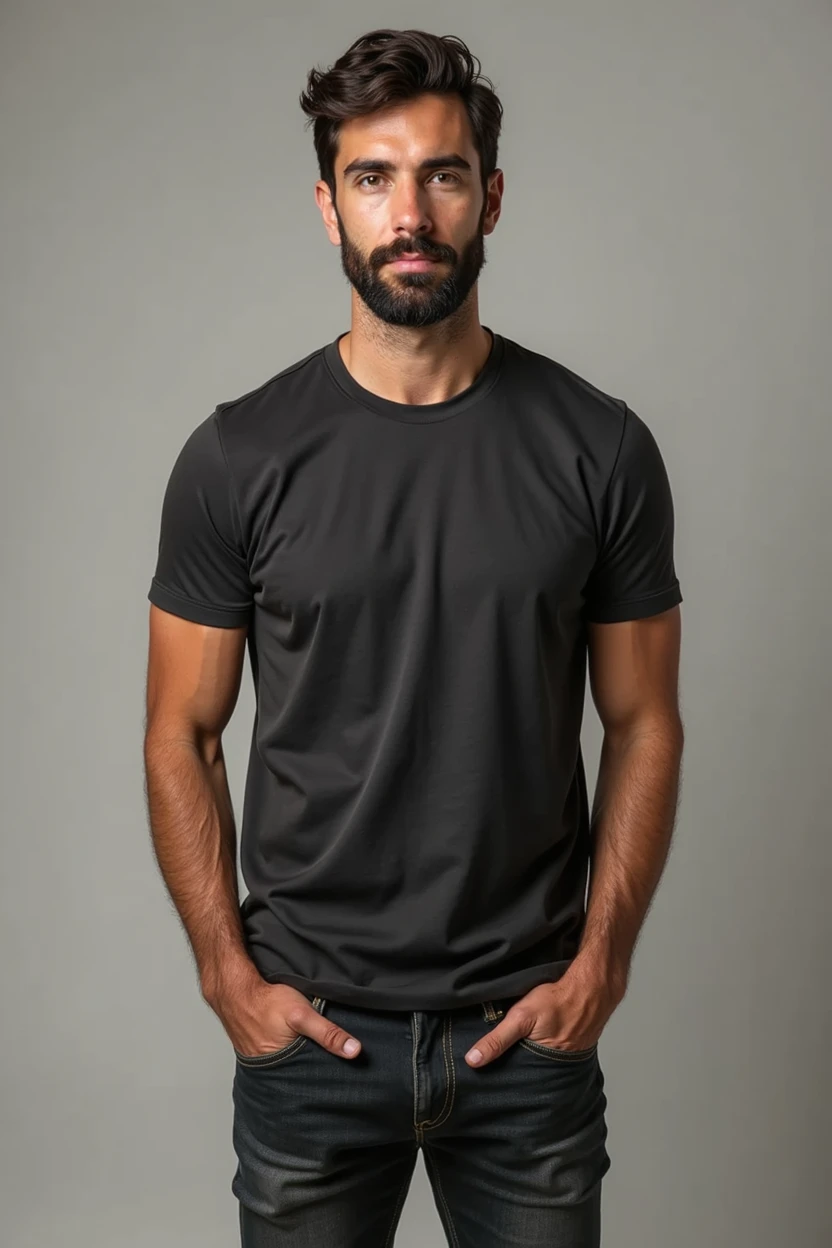 Young 25 year old entrepreneur with less beard and casual clothes, It should not be so realistic and should only be seen from the waist up.

