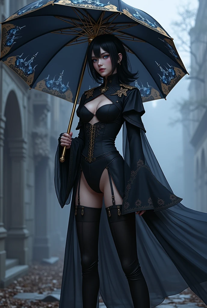 A tall women with black hair and blue eyes, wearing a black fontainien clothing style with pants little gold and jewelry on her clothes and not too much skin showing. Shes a miltary force but she wairs a uniform with much gothic detail. Has a lifeless or cold face and the place around her is dark lifeless. She wairs a black umbrella with a gold Frame and blach blue cherryblossom designe. In genshin impact desgine.