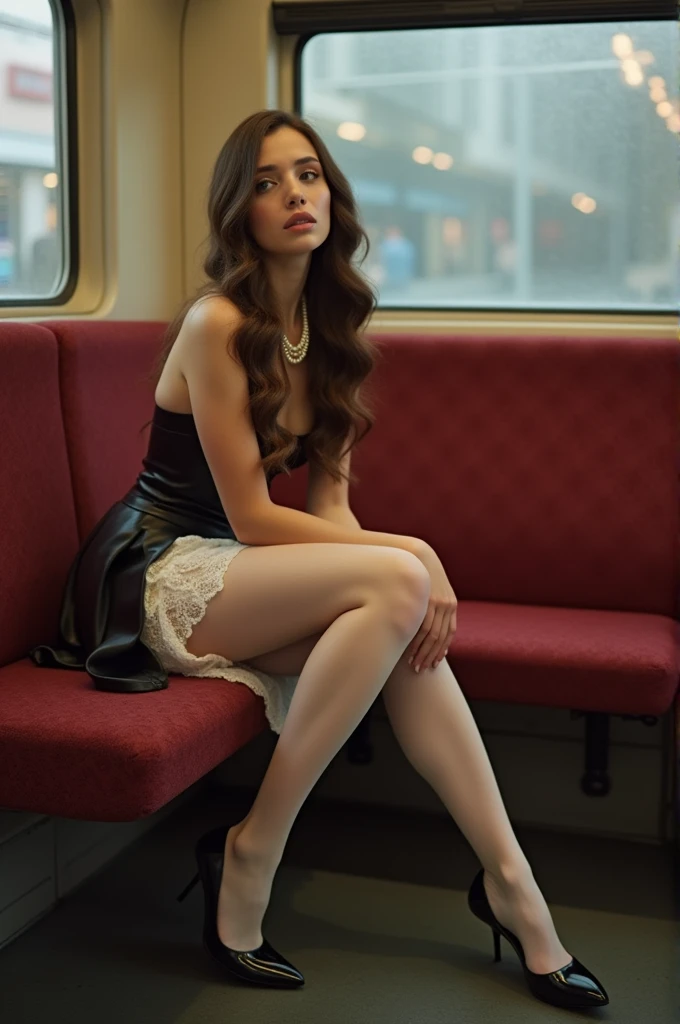 Beauty sitting on train seat, Sit well, Shot from the opposite seat, skirt, High heels, pantyhose, White lace panties, Amazed expression, Perfectly styled long hair, Pearl Necklace